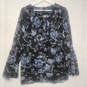 White House Black Market Long Flare Sleeve Black Floral semi-sheer blouse